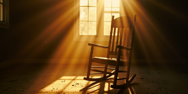 Empty vintage wooden rocking chair bathed in golden hour light at abandoned intersection, symbolizing absence and loss.