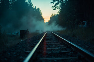 Empty railway tracks lead into dark forest at abandoned lakeside camping area during dusk investigation