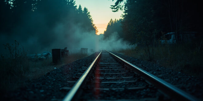 Empty railway tracks lead into dark forest at abandoned lakeside camping area during dusk investigation