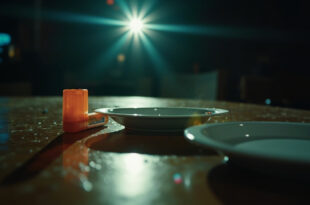 Abandoned EpiPen and medical emergency kit sit beside untouched food on empty restaurant table in dim lighting