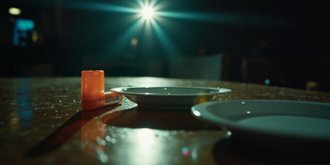 Abandoned EpiPen and medical emergency kit sit beside untouched food on empty restaurant table in dim lighting