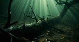 Fallen tree branch trapped underwater in dark river creating dangerous obstruction beneath surface