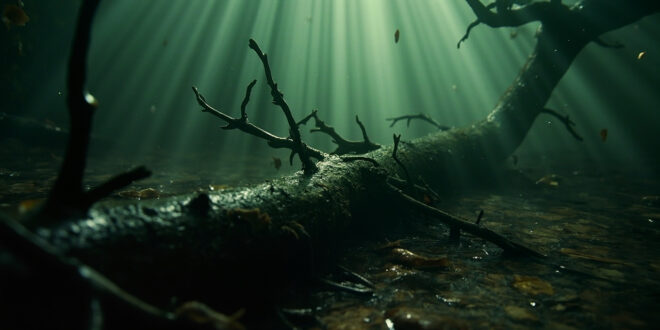 Fallen tree branch trapped underwater in dark river creating dangerous obstruction beneath surface
