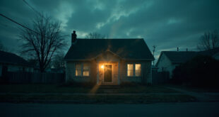 Abandoned family home with dark windows and closed curtains at dusk on a quiet suburban street, conveying domestic tragedy