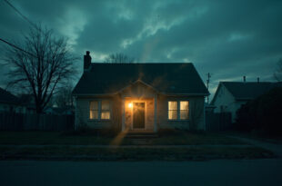 Abandoned family home with dark windows and closed curtains at dusk on a quiet suburban street, conveying domestic tragedy