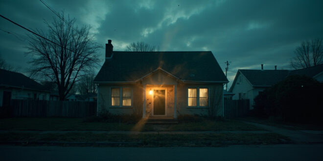Abandoned family home with dark windows and closed curtains at dusk on a quiet suburban street, conveying domestic tragedy