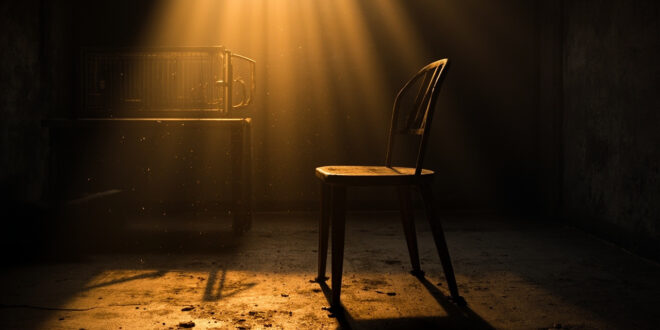 Empty metal chair beside open birdcage in dimly lit underground chamber, illuminated by warm amber light