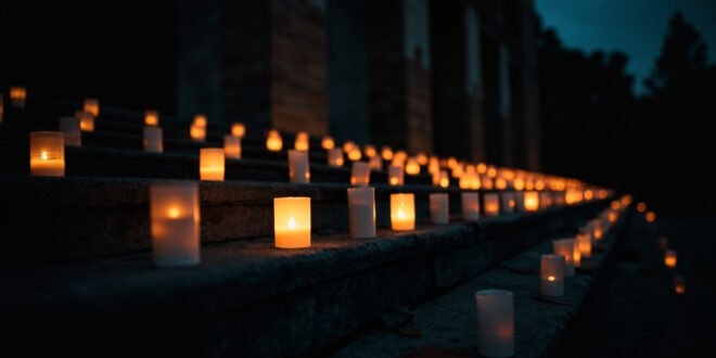 White memorial candles flickering on stone church steps at twilight creating pools of warm light