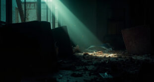 Abandoned crime scene aftermath in dimly lit apartment with overturned furniture and scattered belongings in shadows