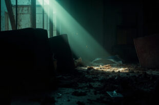 Abandoned crime scene aftermath in dimly lit apartment with overturned furniture and scattered belongings in shadows