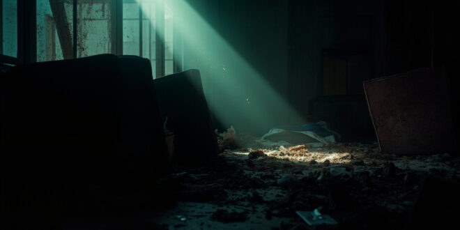 Abandoned crime scene aftermath in dimly lit apartment with overturned furniture and scattered belongings in shadows