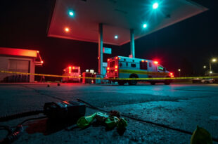 Crime scene tape and evidence markers around gas station at night with emergency vehicle lights