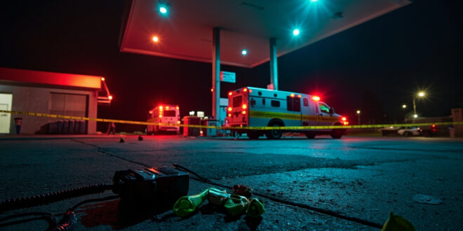 Crime scene tape and evidence markers around gas station at night with emergency vehicle lights