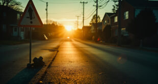 Empty road intersection at dusk with abandoned children's toy on asphalt and warning signs near a care facility