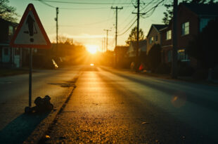 Empty road intersection at dusk with abandoned children's toy on asphalt and warning signs near a care facility