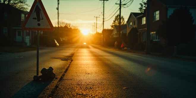 Empty road intersection at dusk with abandoned children's toy on asphalt and warning signs near a care facility