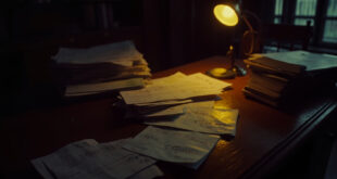 Scattered financial documents on wooden desk in dimly lit office space with open safe and filing cabinets