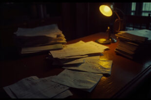 Scattered financial documents on wooden desk in dimly lit office space with open safe and filing cabinets
