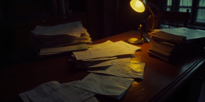 Scattered financial documents on wooden desk in dimly lit office space with open safe and filing cabinets