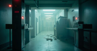 Empty hospital security checkpoint with red warning lights and scattered documents on desk