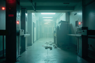 Empty hospital security checkpoint with red warning lights and scattered documents on desk