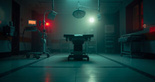 Darkened operating room during power failure with empty surgical table surrounded by lifeless medical equipment and monitors