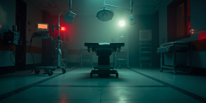 Darkened operating room during power failure with empty surgical table surrounded by lifeless medical equipment and monitors