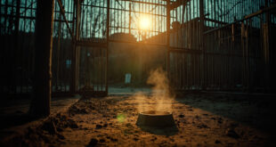 Empty, abandoned zoo enclosure at dusk with closed gates and an untouched feeding bowl in the corner