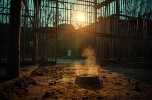 Empty, abandoned zoo enclosure at dusk with closed gates and an untouched feeding bowl in the corner