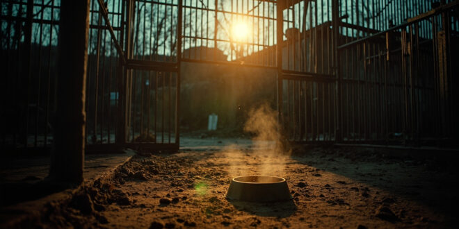 Empty, abandoned zoo enclosure at dusk with closed gates and an untouched feeding bowl in the corner