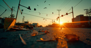Damaged traffic lights and road barriers at an empty urban intersection at dusk, illuminated by amber warning lights