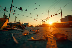 Damaged traffic lights and road barriers at an empty urban intersection at dusk, illuminated by amber warning lights