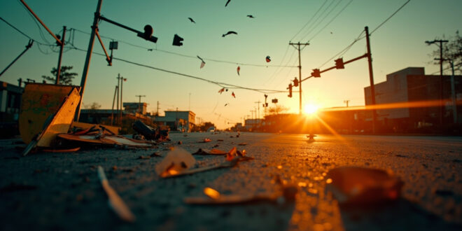 Damaged traffic lights and road barriers at an empty urban intersection at dusk, illuminated by amber warning lights