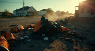 Twisted aircraft wreckage scattered across deserted ground at abandoned crash site with emergency equipment nearby
