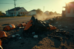 Twisted aircraft wreckage scattered across deserted ground at abandoned crash site with emergency equipment nearby