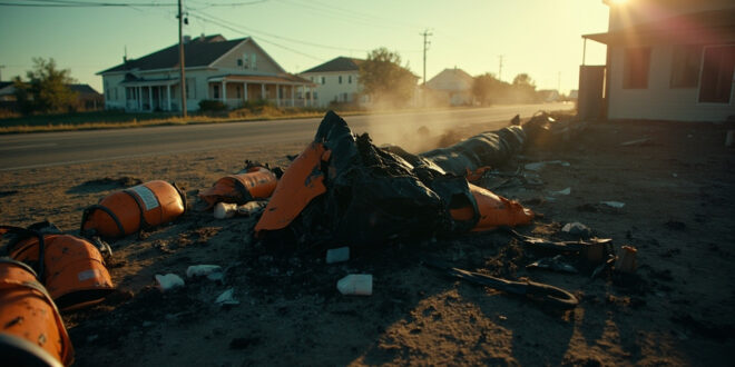 Twisted aircraft wreckage scattered across deserted ground at abandoned crash site with emergency equipment nearby