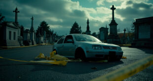 Silver car with police tape on empty cemetery parking lot, grave stones visible in background