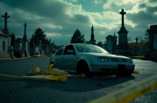 Silver car with police tape on empty cemetery parking lot, grave stones visible in background