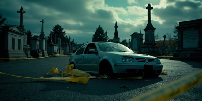 Silver car with police tape on empty cemetery parking lot, grave stones visible in background