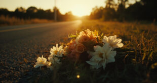 Abandoned wedding flowers and memorial items scattered along an empty rural Kentucky roadside at dusk, bathed in amber light