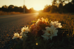 Abandoned wedding flowers and memorial items scattered along an empty rural Kentucky roadside at dusk, bathed in amber light