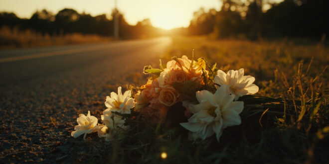 Abandoned wedding flowers and memorial items scattered along an empty rural Kentucky roadside at dusk, bathed in amber light