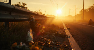 Memorial flowers and scattered debris at damaged guardrail on empty rural road at dawn following fatal traffic accident