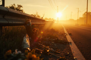 Memorial flowers and scattered debris at damaged guardrail on empty rural road at dawn following fatal traffic accident