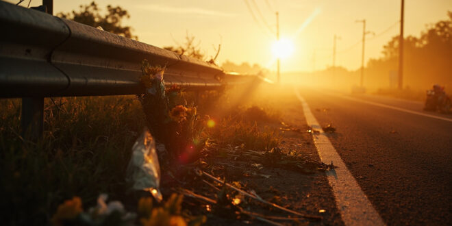 Memorial flowers and scattered debris at damaged guardrail on empty rural road at dawn following fatal traffic accident