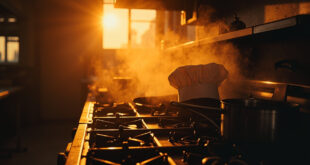 Abandoned cooking studio at dusk with chef's hat on empty station, unused utensils on silent stove, cooling dishes