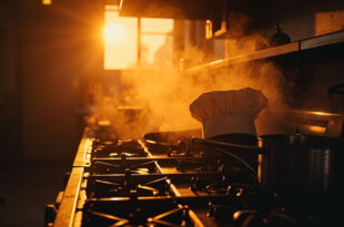Abandoned cooking studio at dusk with chef's hat on empty station, unused utensils on silent stove, cooling dishes