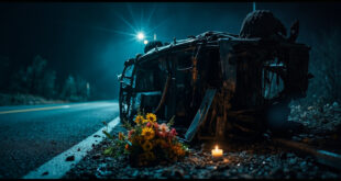 Overturned car wreckage on deserted night road with makeshift memorial visible in dim light