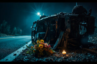 Overturned car wreckage on deserted night road with makeshift memorial visible in dim light