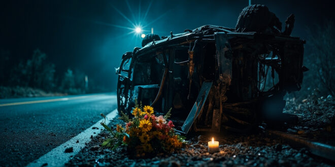 Overturned car wreckage on deserted night road with makeshift memorial visible in dim light